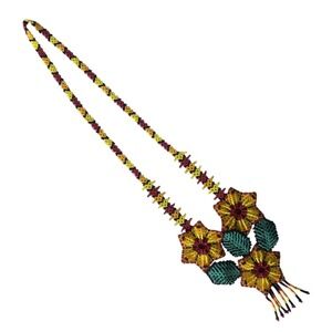 Beaded Flower Necklace‎ Yellow Red Green Statement Handmade Jewelry